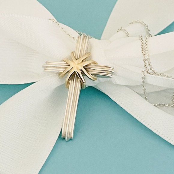 16" Tiffany & Co Cross Necklace in Sterling Silver and 18K Yellow Gold on Chain - Picture 1 of 8